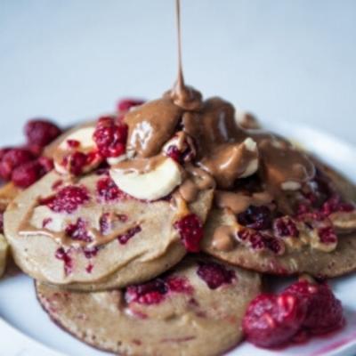 Pancakes with raspberries and almond paste topping,