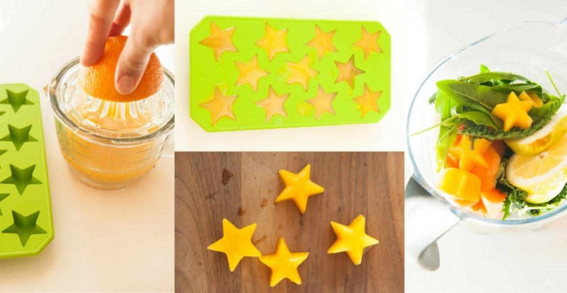 Collage mit vier Fotos zur Anleitung, wie man Orangensaft-Eiswürfel für Grüne Smoothies macht.