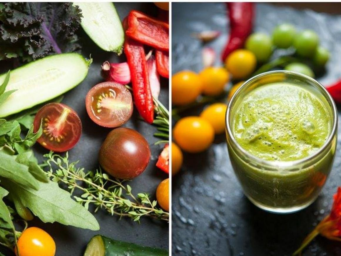 Collage aus zwei Bilder: links viele Zutaten u. a. Tomaten, Gurke, Chili. Rechts: Grüner Smoothies aus herzhaften Gemüsefrüchten