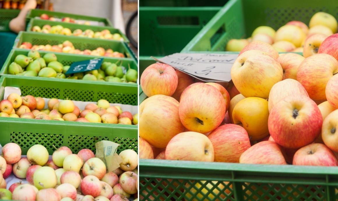 Verschiedene Apfelsorten auf dem Wochenmarkt.