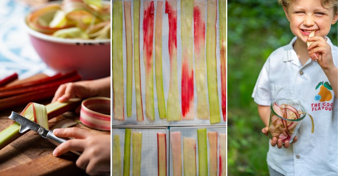 3er-Collage: links die fertigen Rharbarber-Drachenzungen im Weckglas; rechts das Schälen der Rharbarberstanden mit einem Gemüseschäler