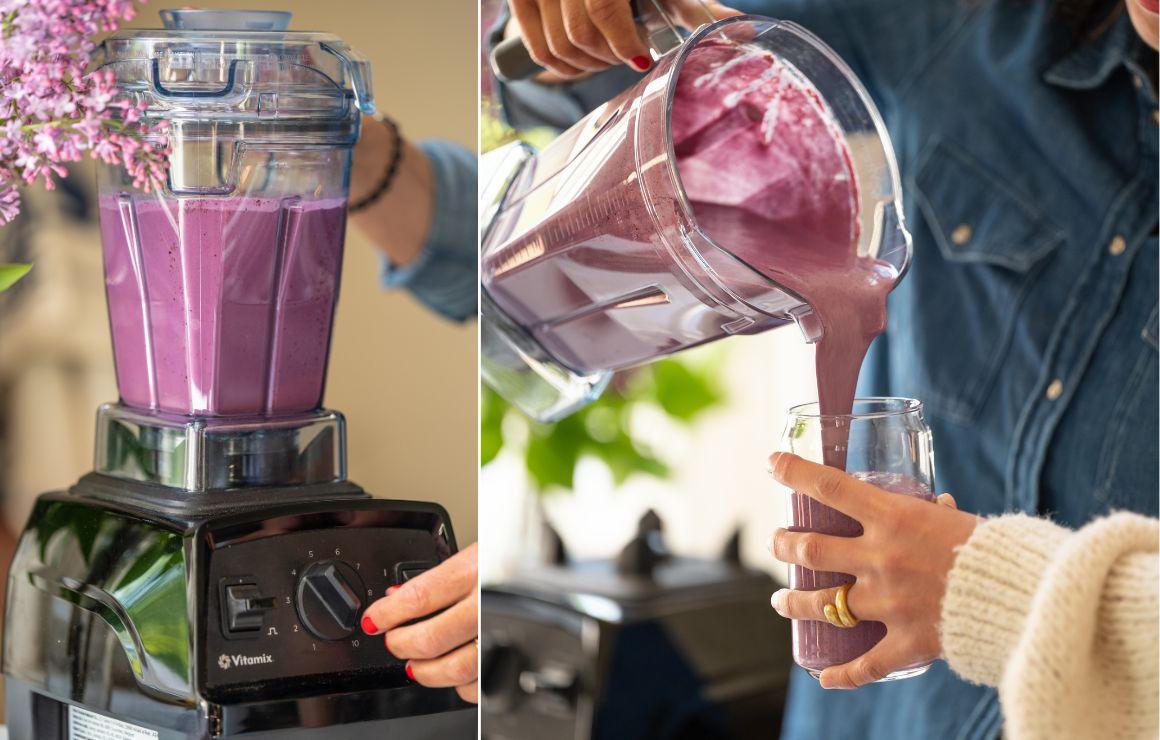 Protein-Blaubeer-Shake mit Mandelmus, Leinsamen und Datteln