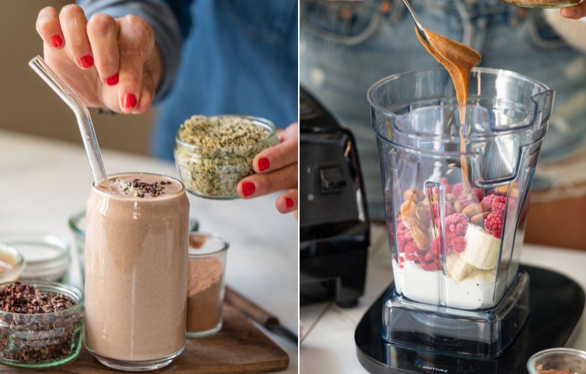 Carla gibt Nussmus und Hanfsamen als Topping als zusätzliche Proteinquellen zum Protein Shake