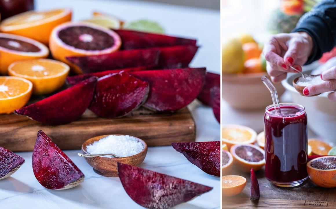 Läuferin bereitet sich frisch gepressten Rote Bete Saft vor und gibt zur Unterstützung des Elektrolyt-Haushaltes während des Training eine Prise Salz dazu