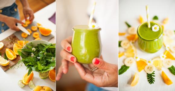 Wildkräuterwanderung 2er Collage: Links Wildkräuter-Smoothie mit Löwenzahn; rechts: Svenja sammelt Wildkräuter im Kreuzberger Hinterhof.