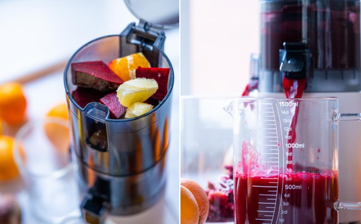 Die Einfüllkammer des Hurom E30-ST befüllen und anschließend den frisch gepressten Saft entnehmen