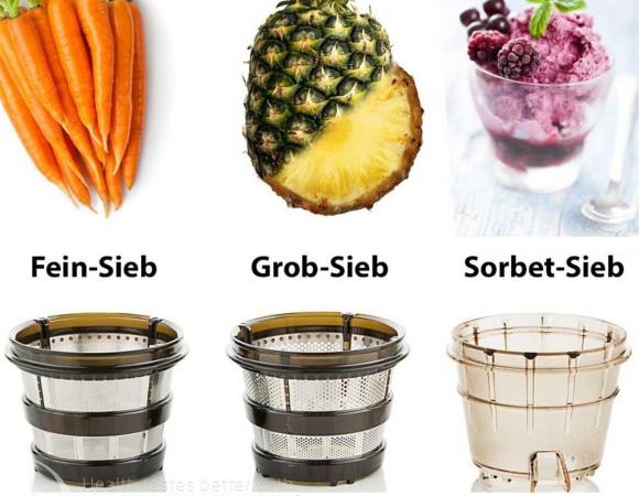 Sieb-Einsätze und Sorbert-Einsatz des Sana Juicer EUJ-828