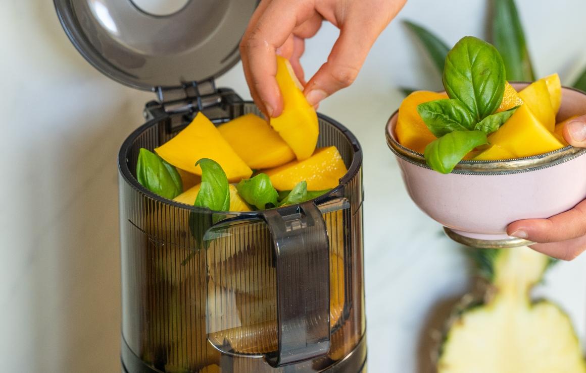 Viasus Flow M befüllen mit ca. 2-3 cm großen Obst- und Gemüsestücken