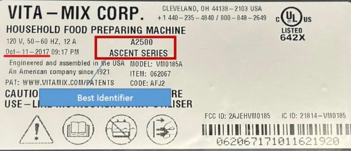 Etikett auf der Unterseite des Motorblocks zur Indentifizierung eines betroffenen Mixers