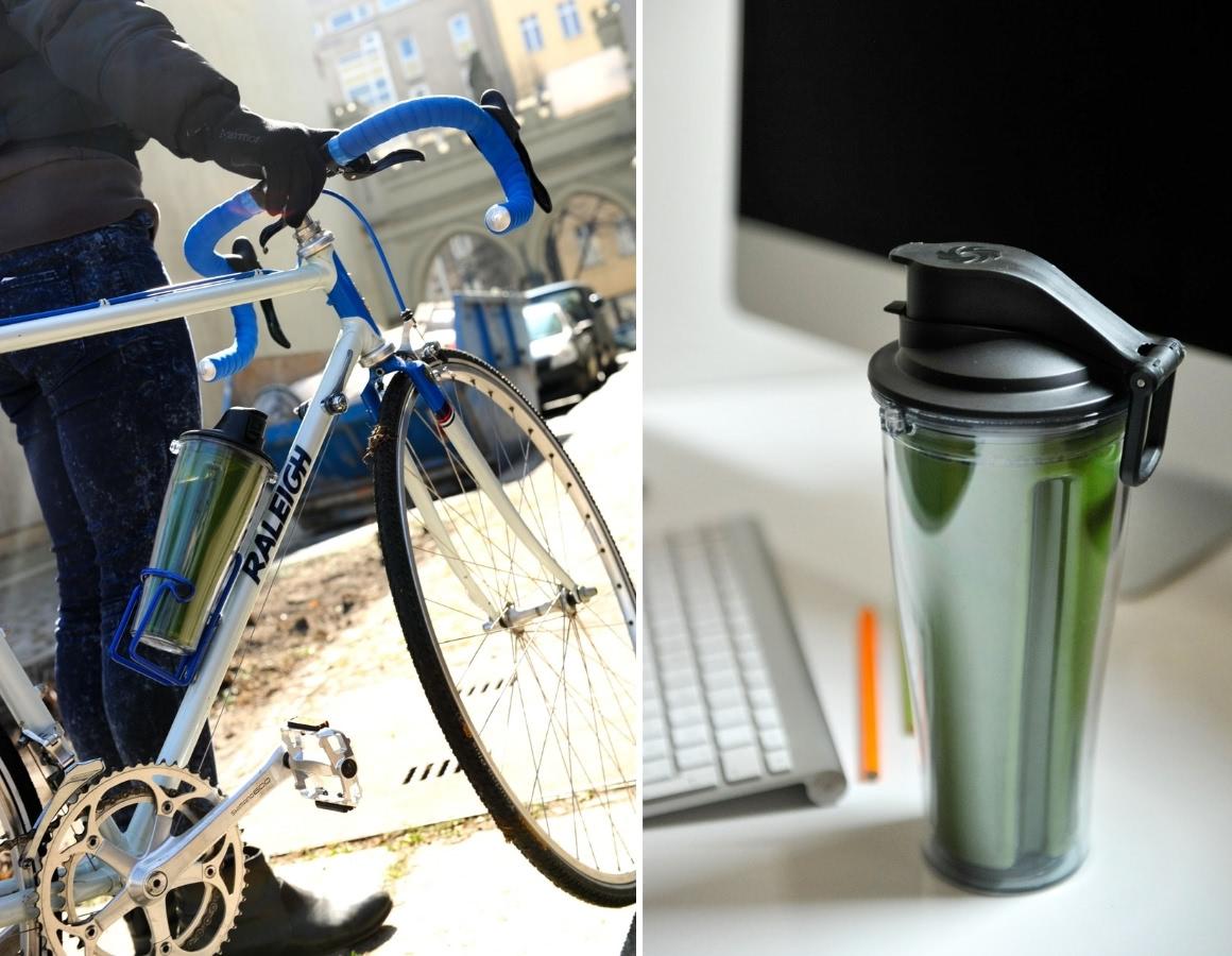 Grüner Smoothie im Vitamix S30 To-Go-Behälter unterwegs mit einem Fahrrad