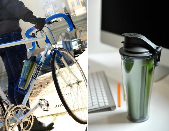 Grüner Smoothie im Vitamix S30 To-Go-Behälter unterwegs mit einem Fahrrad